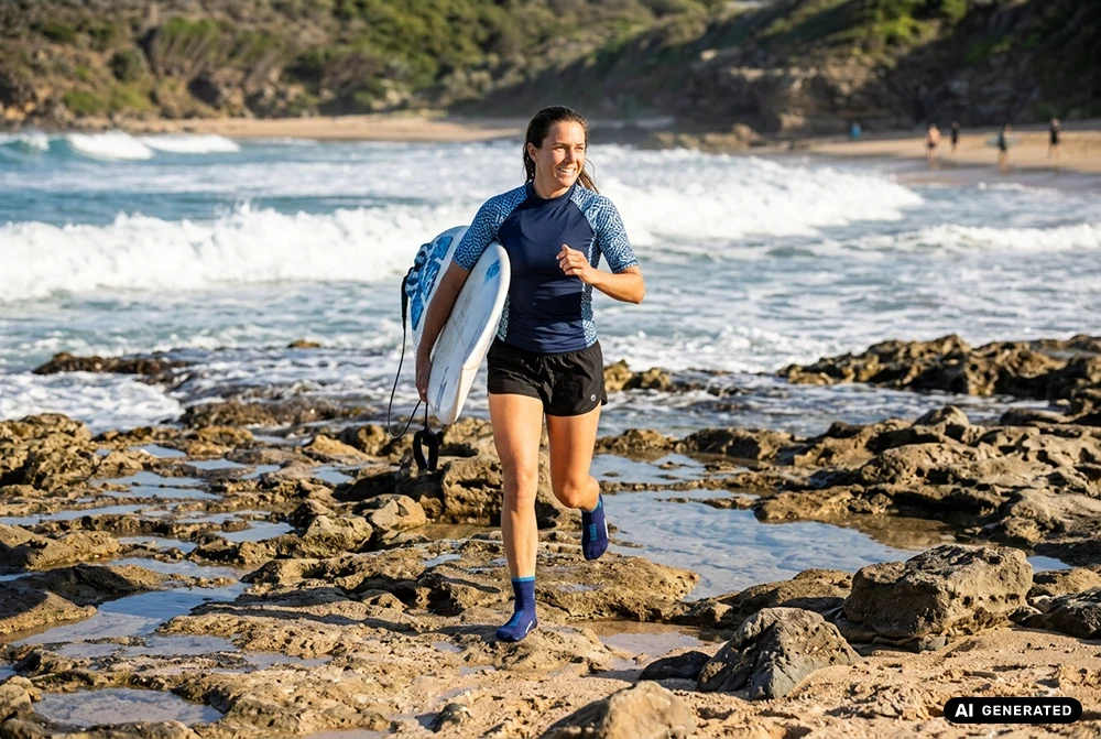 Person läuft mit Surfboard über felsigen Strand und trägt blaue Schwimmsocken. KI-generiert.