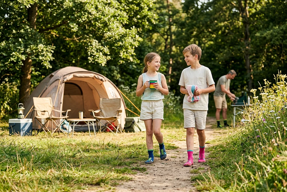 Zwei Kinder mit Schwimmsocken an den Füßen laufen lachend über einen Campingplatz.