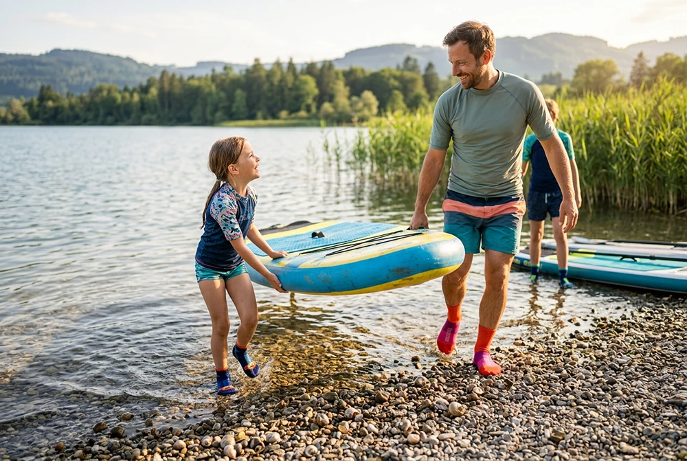 Mann und Kind tragen gemeinsam ein SUP-Board am Ufer eines Sees.