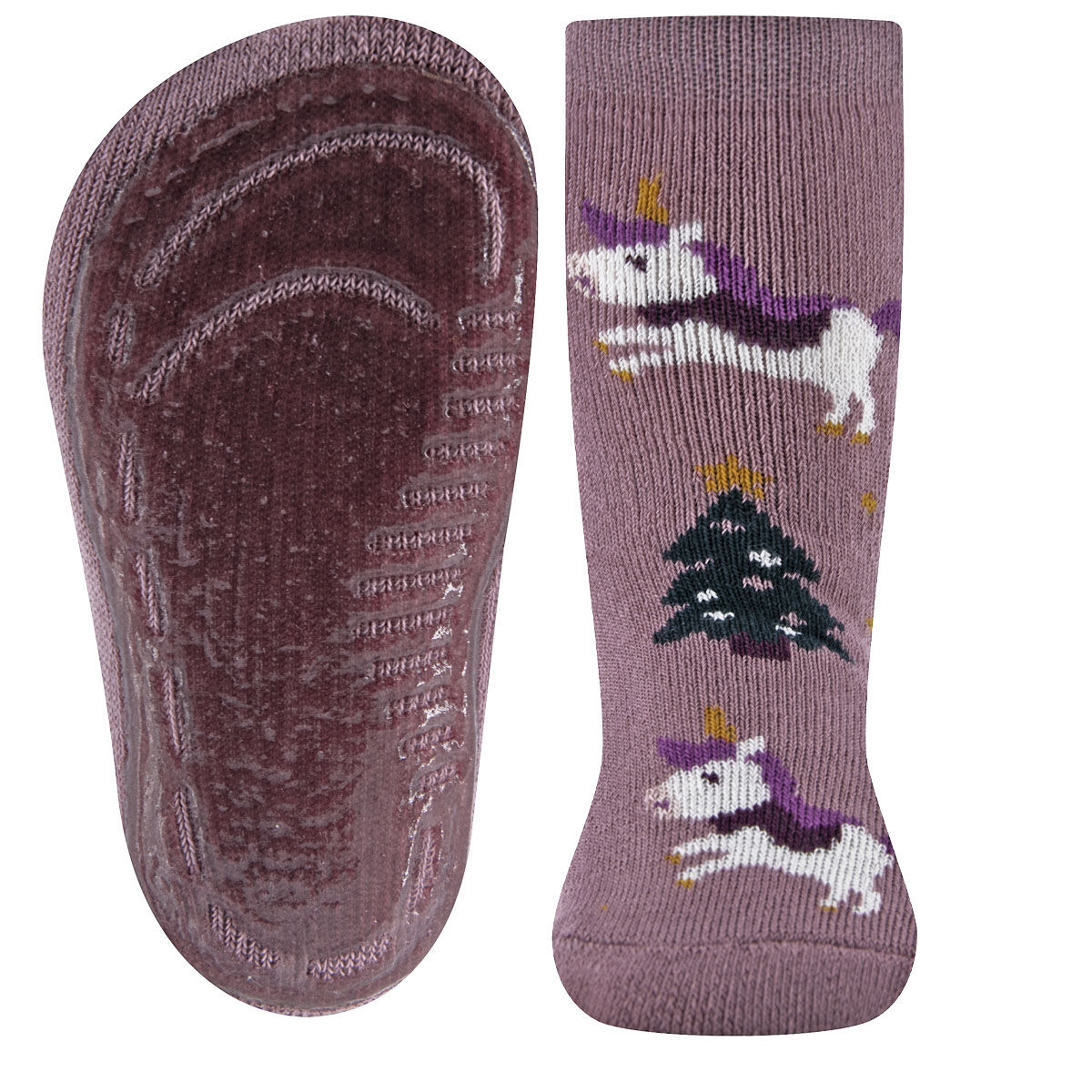 Ein rosa SoftStep Stoppersocke mit weihnachtlichen Einhörnern und Tannenbäumen.