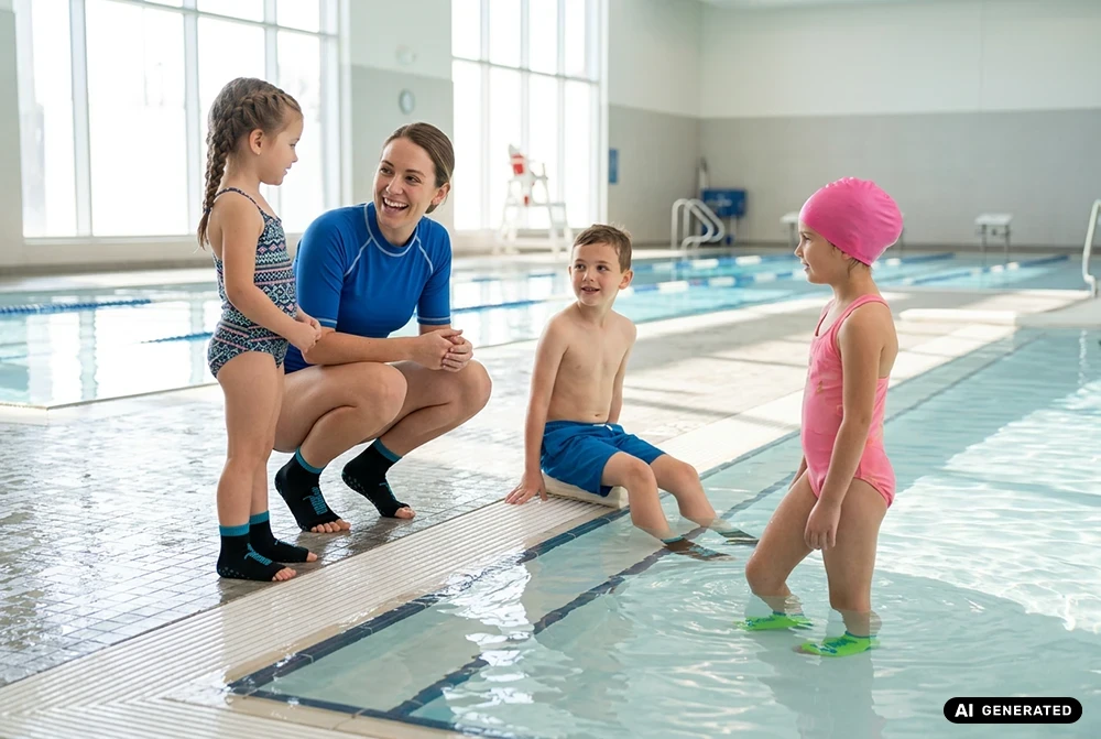 Eine Schwimmlehrerin und drei Kinder in BEACHIES® swim Socken am Rand eines Hallenbads während einer Schwimmstunde. KI-generiert.