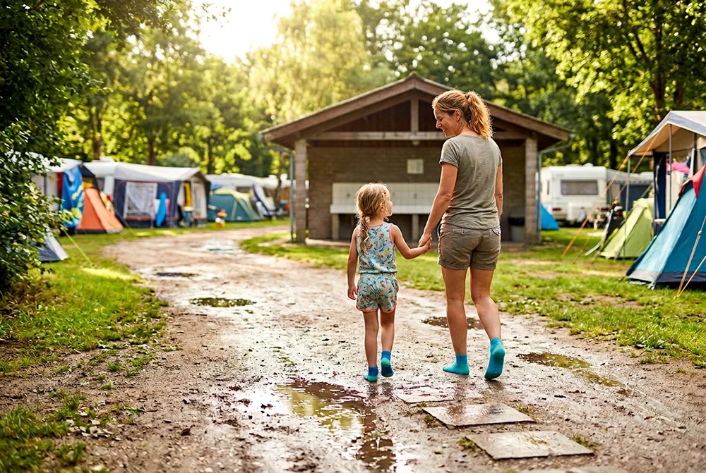 Eine Mutter läuft mit ihrer Tochter durch den nassen Schlamm auf einem Campingplatz.