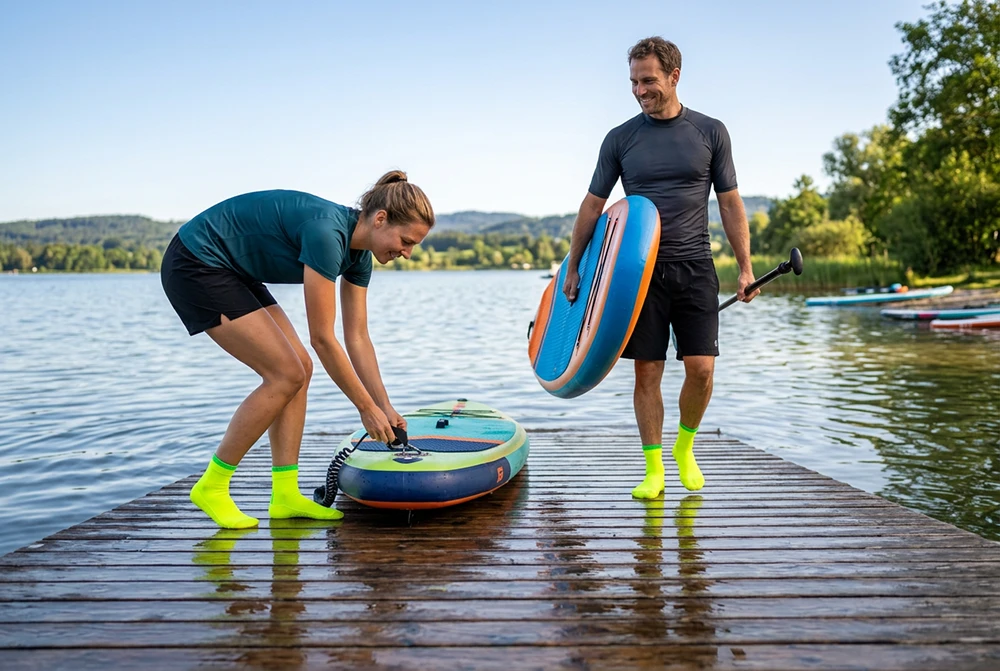 Zwei Personen auf einem Steg am See bereiten ihre Boards vor und tragen leuchtend gelbe Schwimmsocken.