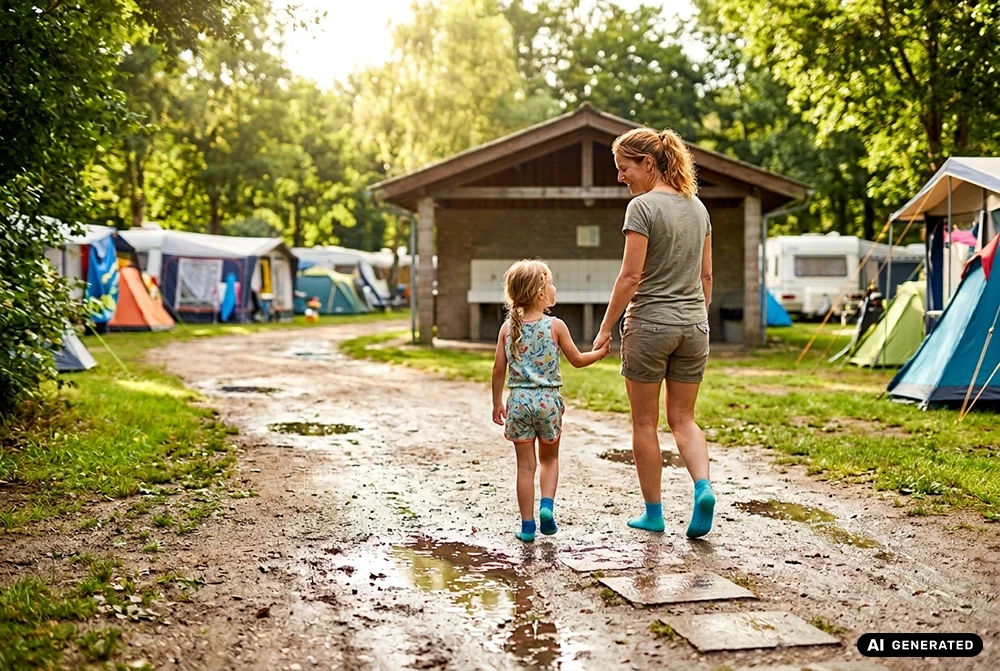 Eine Mutter läuft mit ihrer Tochter durch den nassen Schlamm auf einem Campingplatz. KI-generiert.