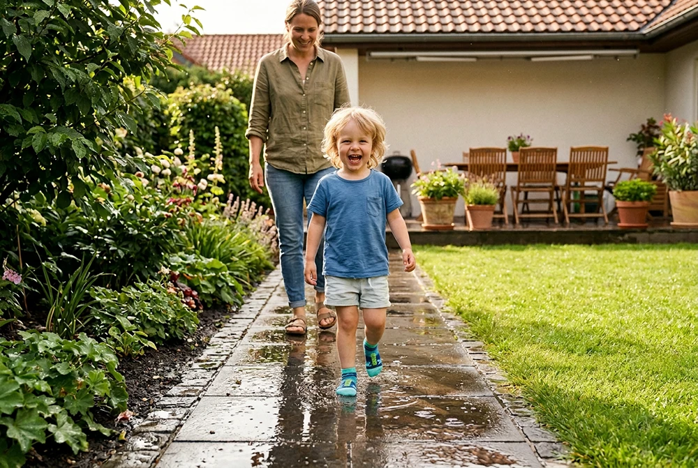 Ein Kind läuft mit Schwimmsocken lachend über den nassen Steinboden im heimischen Garten.