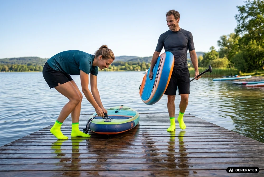 Zwei Personen auf einem Steg am See bereiten ihre Boards vor und tragen leuchtend gelbe Schwimmsocken. KI-generiert.