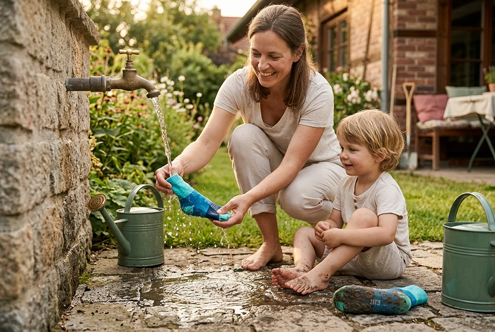 Frau und Kind reinigen BEACHIES® Wasserschuhe im Garten mit Wasser am Außenwasserhahn.