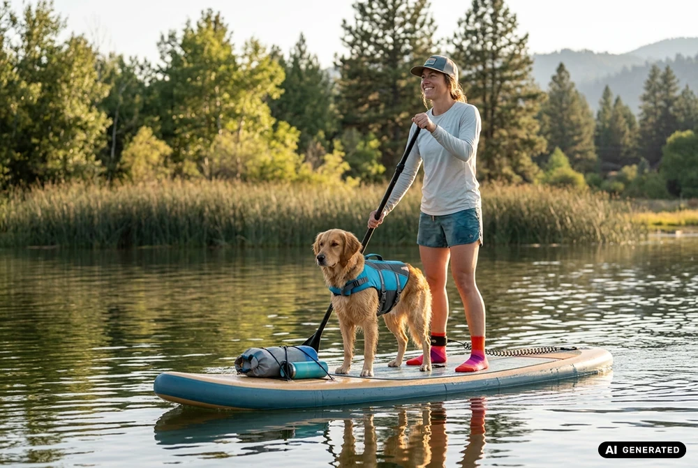 Person paddelt mit Hund auf einem SUP-Board über einen See. KI-generiert.