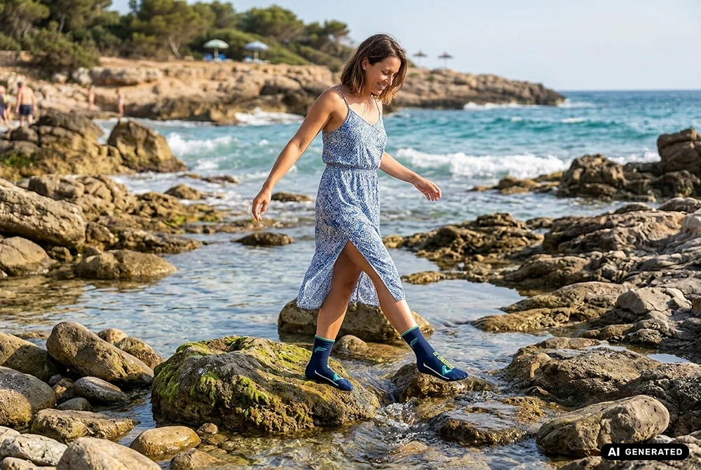 Eine Frau im blauen Sommerkleid balanciert in dunkelblauen BEACHIES® Socken über Felsen an einer sonnigen Meeresküste. KI-generiert.