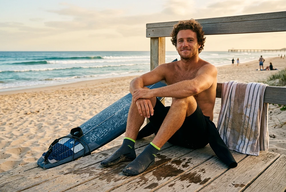 Mann sitzt am Strand auf einer Holzplattform neben einem Surfboard und trägt Schwimmsocken.