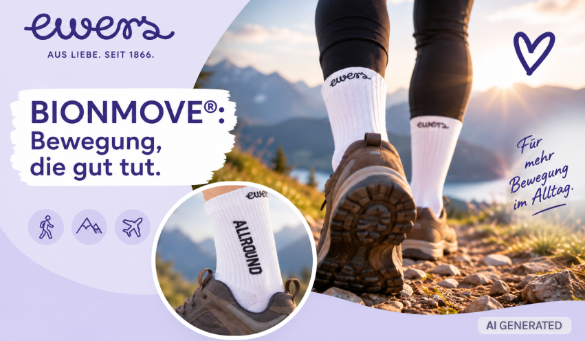 zwei gehende Beine mit Bionmove Socken und Wanderschuhen