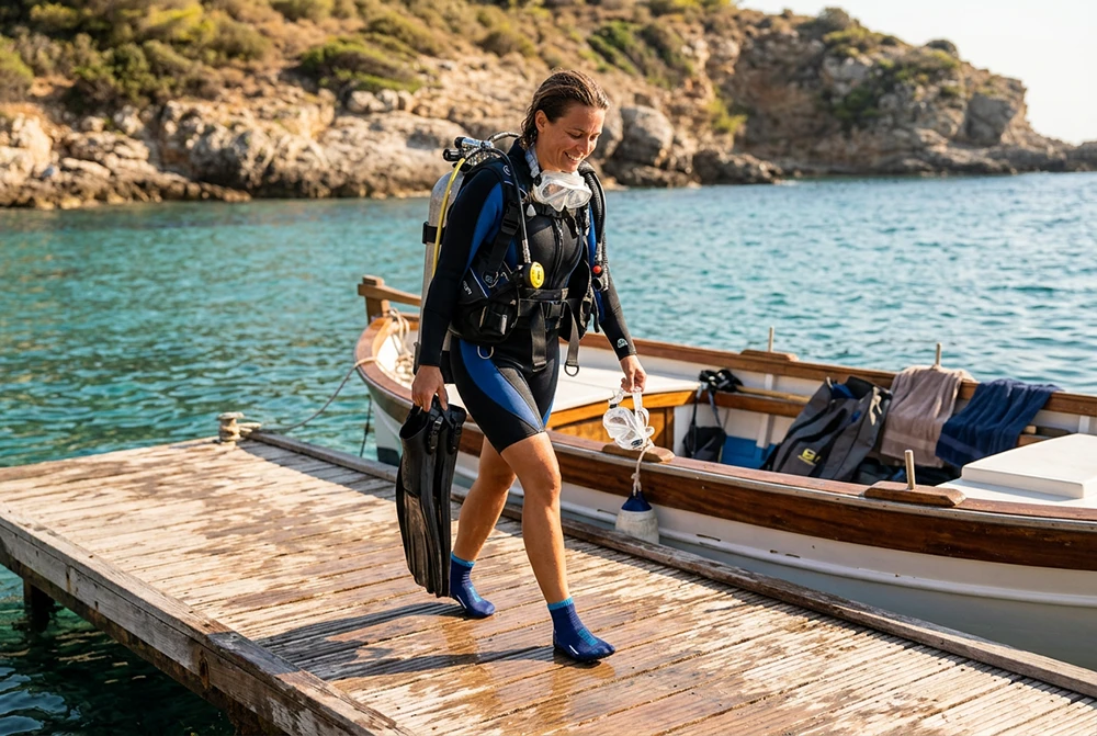 Person im Tauchanzug läuft mit Flossen und Schnorchelausrüstung über einen Steg zum Boot.