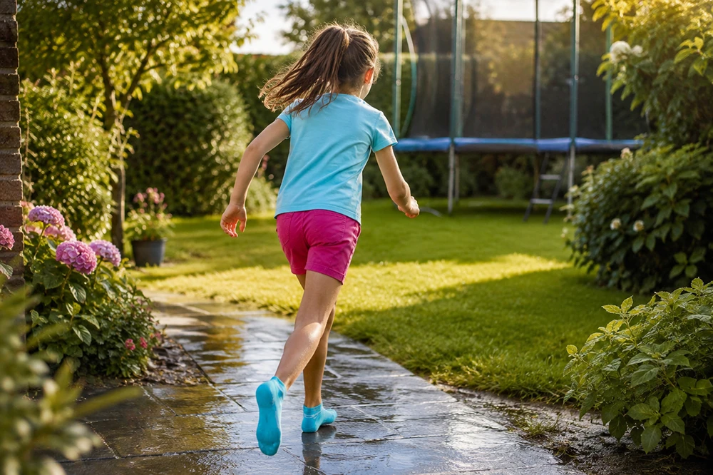 Ein Kind in hellblauen BEACHIES® Socken läuft über einen nassen Gartenweg in Richtung Rasen und Trampolin.
