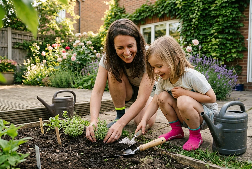 Eine Mutter gräbt gemeinsam mit ihrer Tochter  das Blumenbeet im Garten um. Beide tragen dabei Schwimmsocken.