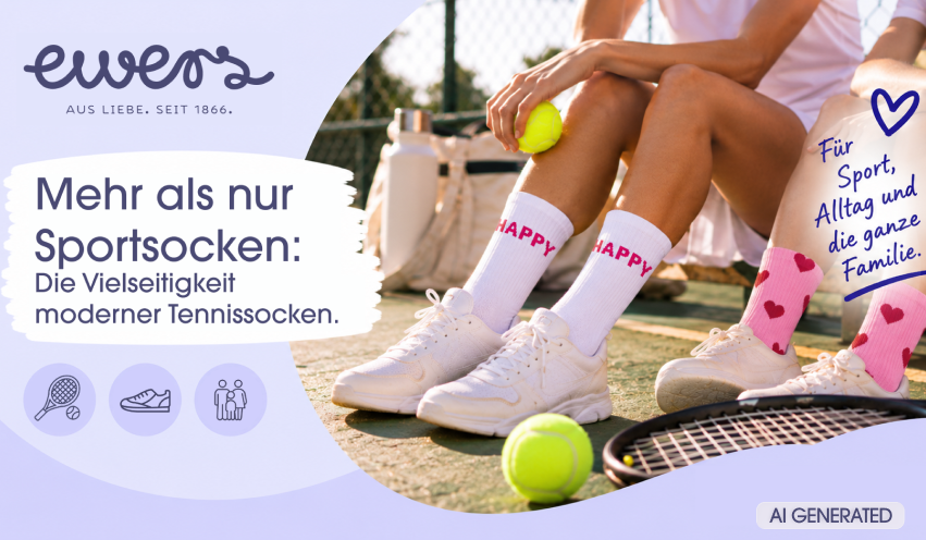 Die Füße von zwei Personen mit Tennissocken und Tennisschuhen an, sowei ein Tennisschläger und Bälle