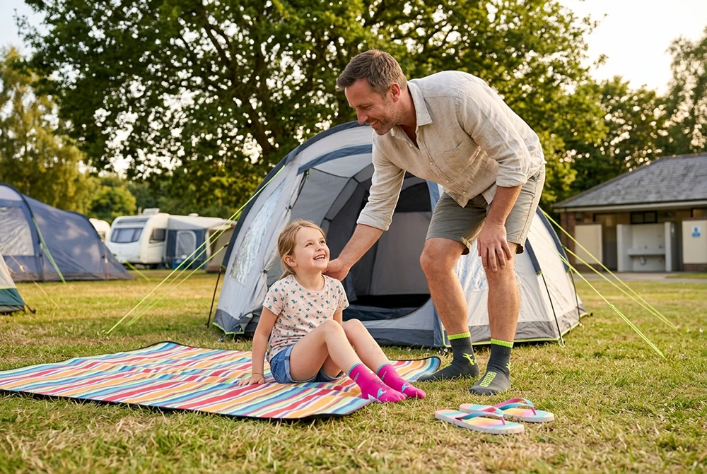 Ein Vater sitzt mit seiner Tochter auf einer Picknickdecke auf dem Campingplatz. Beide tragen Schwimmsocken.