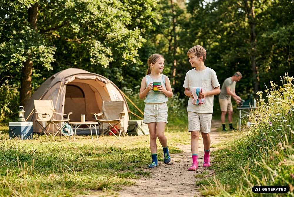 Zwei Kinder mit Schwimmsocken an den Füßen laufen lachend über einen Campingplatz. KI-generiert.