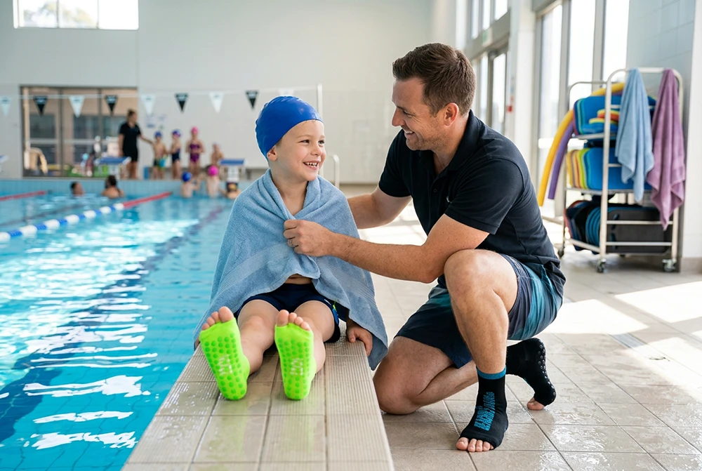 Ein Mann und ein Kind in neongrünen und schwarzen BEACHIES® swim Socken am Beckenrand eines Hallenbads, das Kind in ein Handtuch gehüllt.