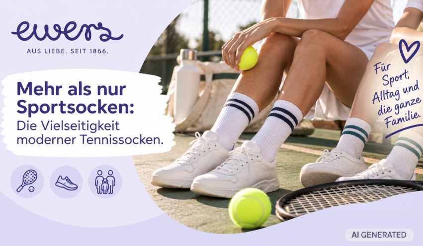 Die Füße von zwei Personen mit Tennissocken und Tennisschuhen an, sowei ein Tennisschläger und Bälle