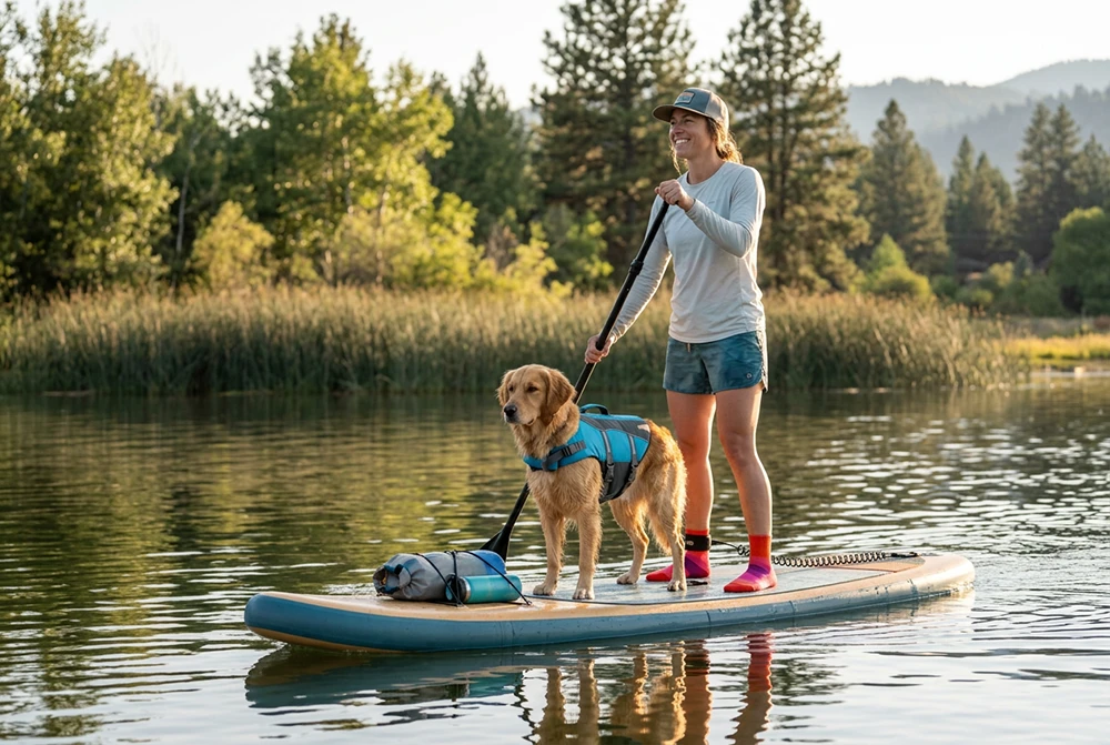 Person paddelt mit Hund auf einem SUP-Board über einen See.